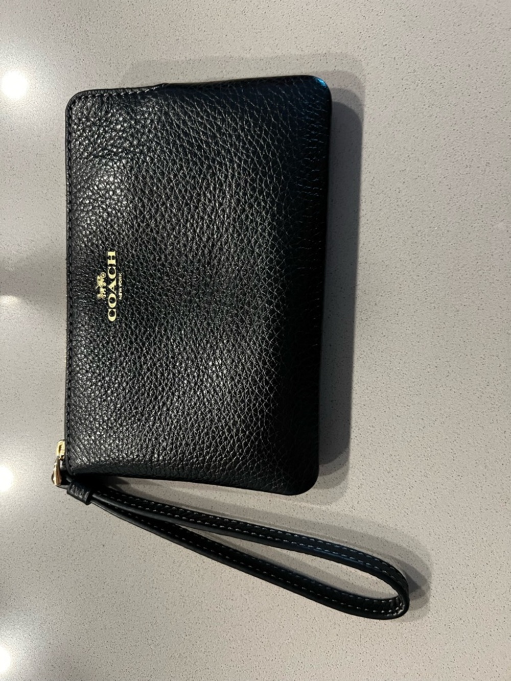 Coach Black Pebbled Leather Zip Wristlet with Gold Logo